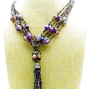 VTG Multi-Strand Beaded Necklace with Focal Bead & Tassel Purple Bronze Lilac